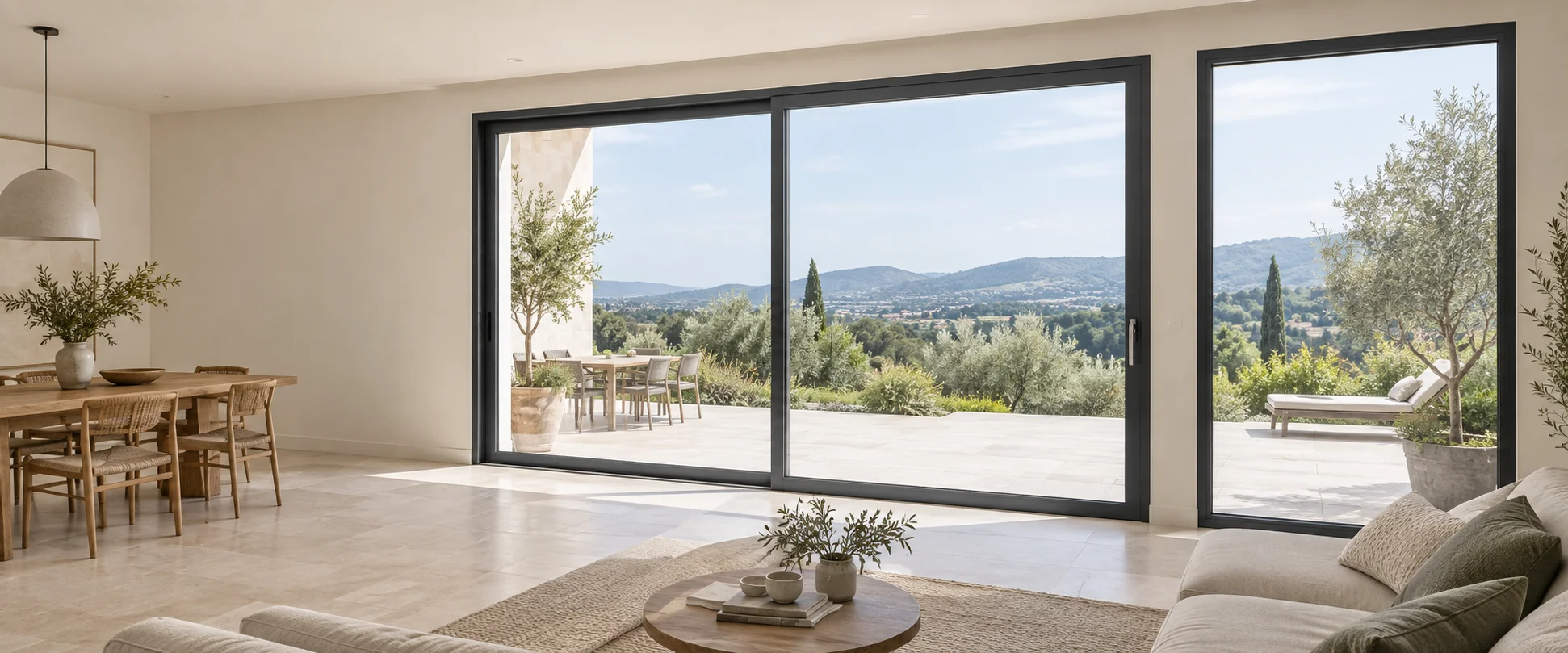 Ambiente luminoso con grandi vetrate dai profili scuri affacciate sulla terrazza
